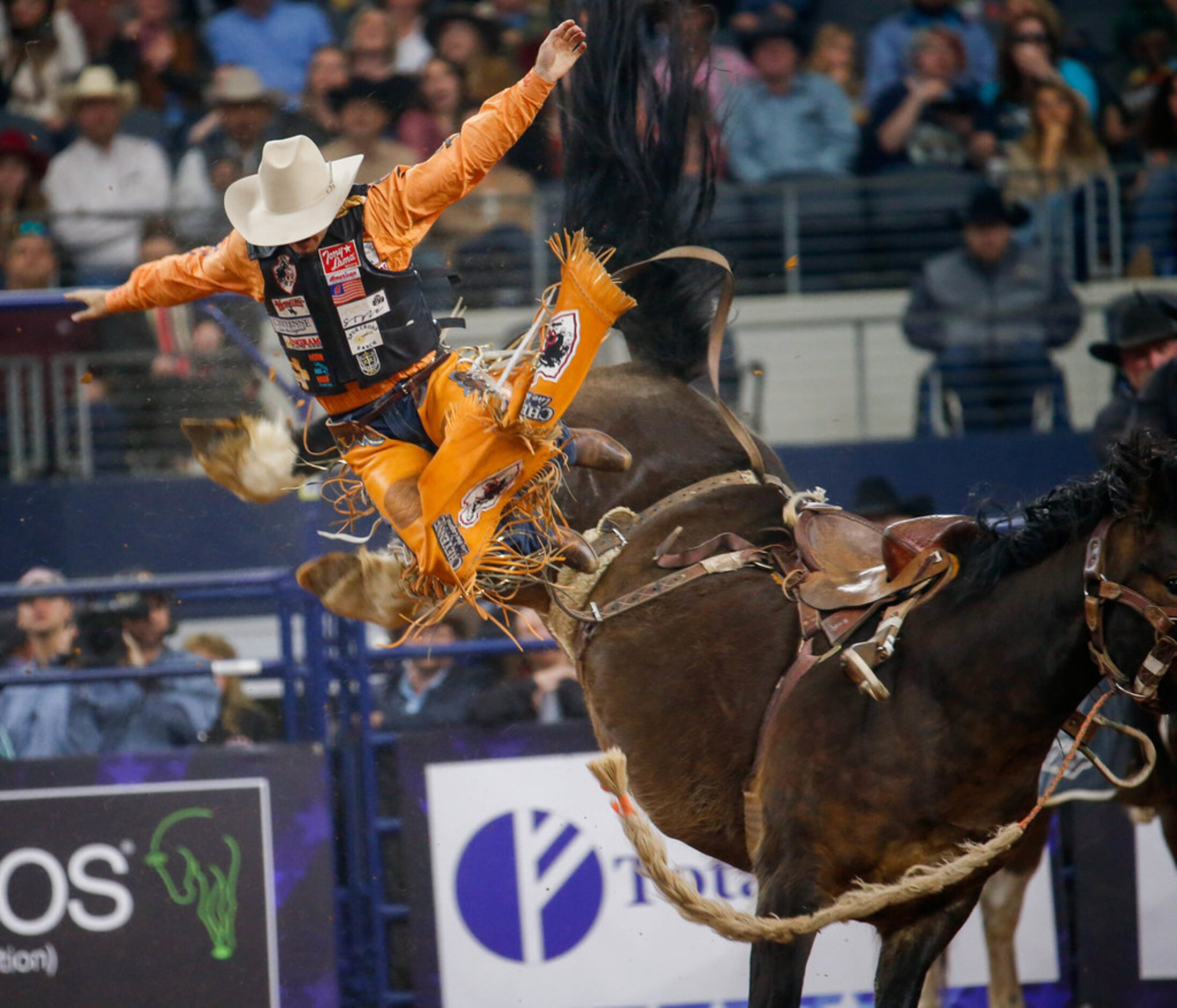 Brody Cress is bucked off during the Bronc Riding competition RFD-TV's of The American rodeo...