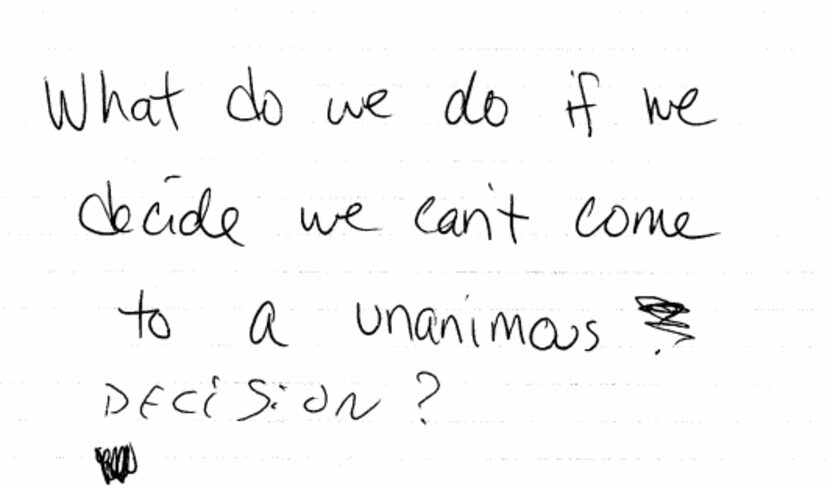  A note from jurors when the case went to trial in 2014 and was declared a mistrial.