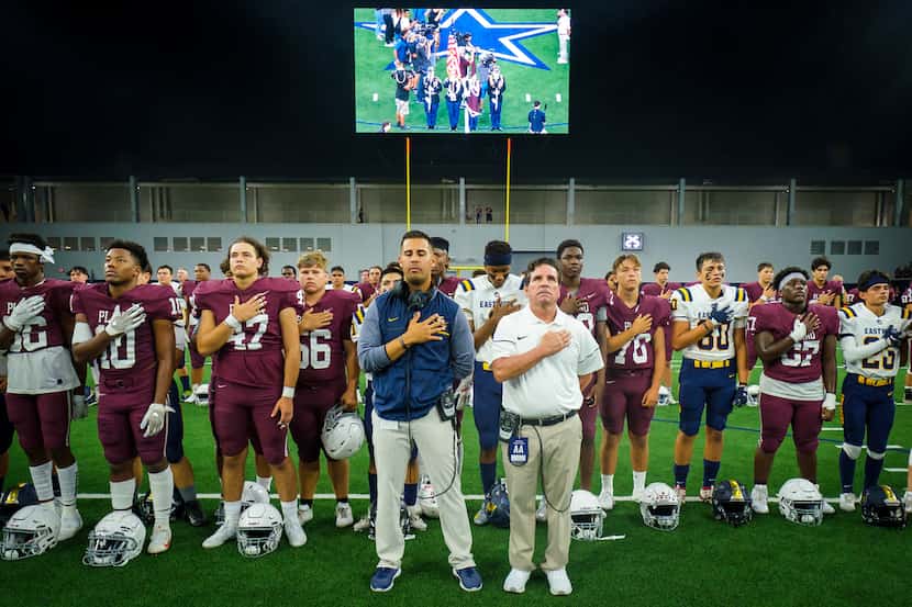 Plano head coach Jaydon Mccullough (right) and El Paso Eastwood head coach Julio Lopez join...