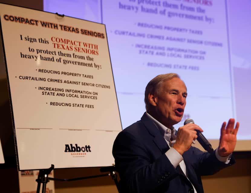 Texas Governor Greg Abbott speaks during a campaign event about Texas seniors at Heritage...