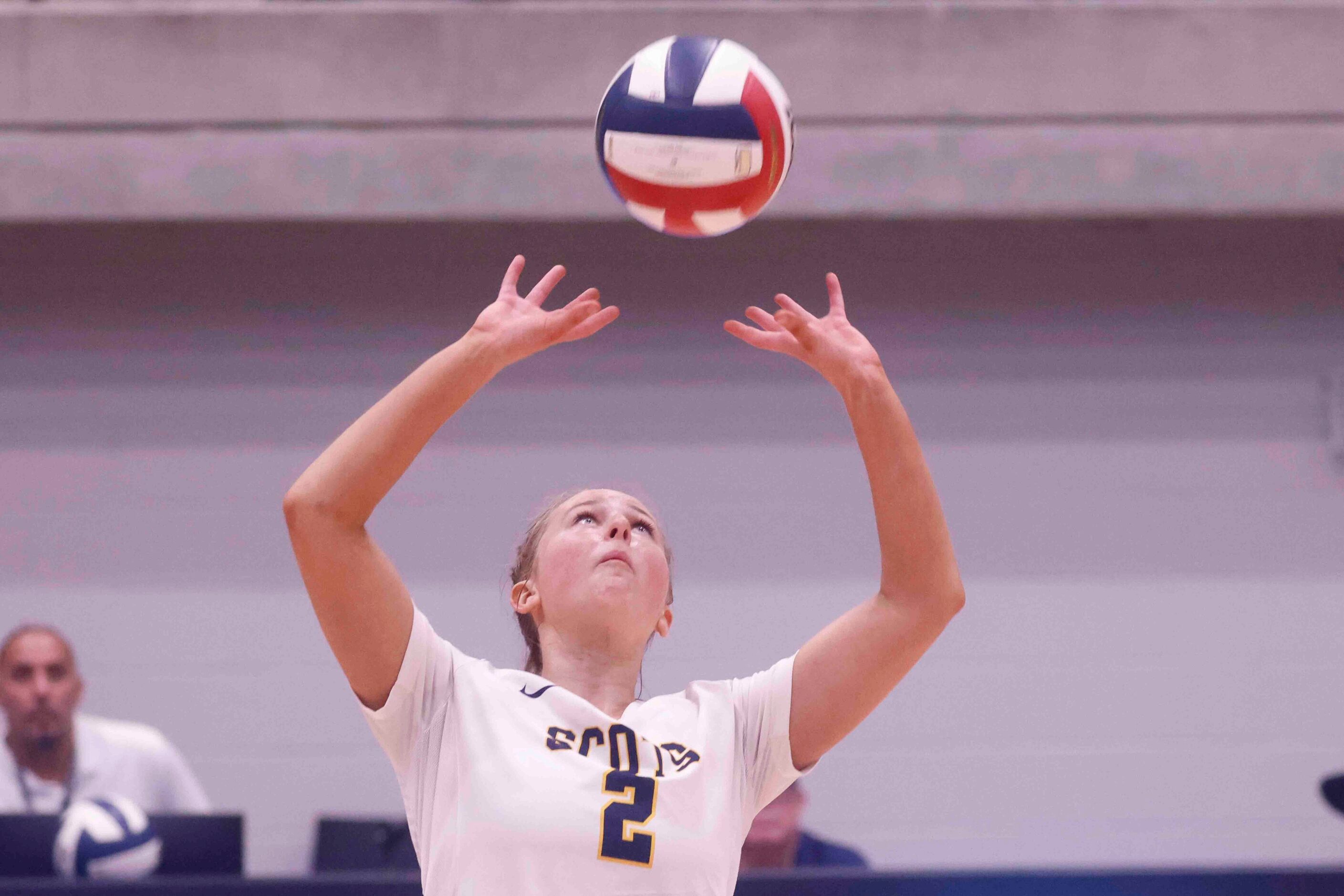 Highland Park’s Harper Hall (2) sets up the ball against Flower Mound high during a...