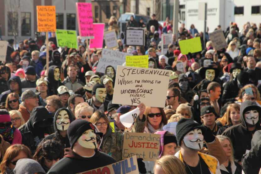 People protest at the Jefferson County Courthouse in Steubenville, Ohio, where authorities...