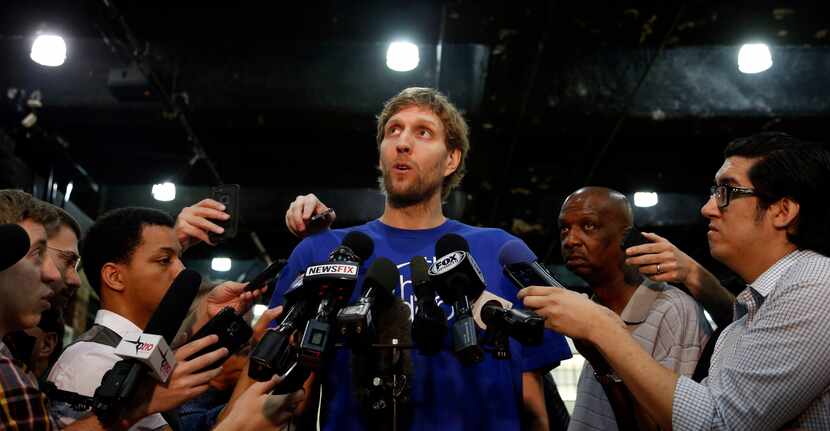 Dallas Mavericks forward Dirk Nowitzki (41) talks to the media the day after losing to the...