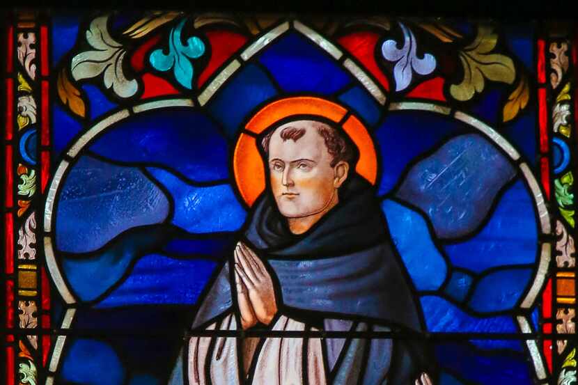 Stained Glass window depicting Saint Thomas Aquinas (1225 - 1274), an Italian Dominican...
