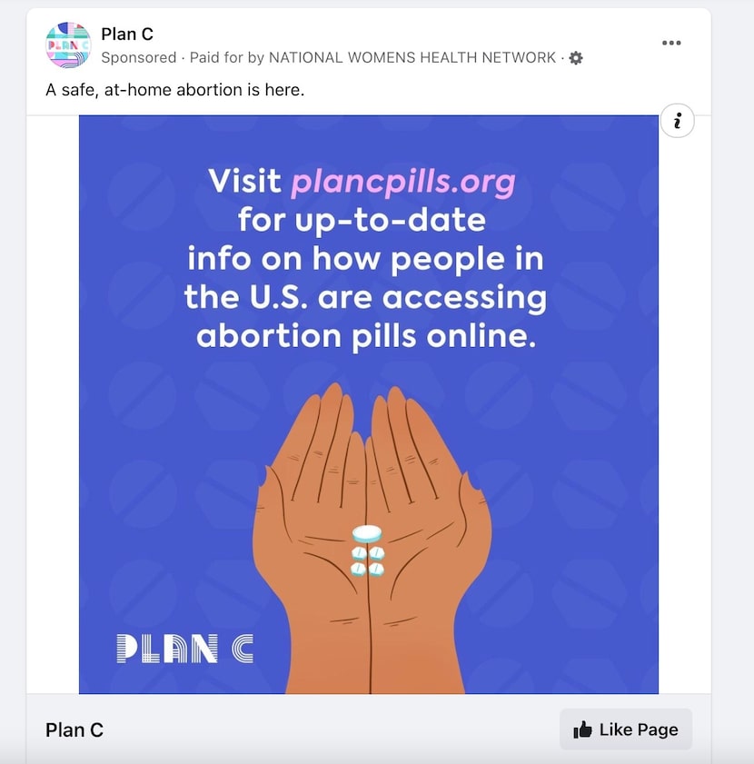 Screenshot of a Facebook ad from Plan C, a nonprofit under the umbrella of the National...