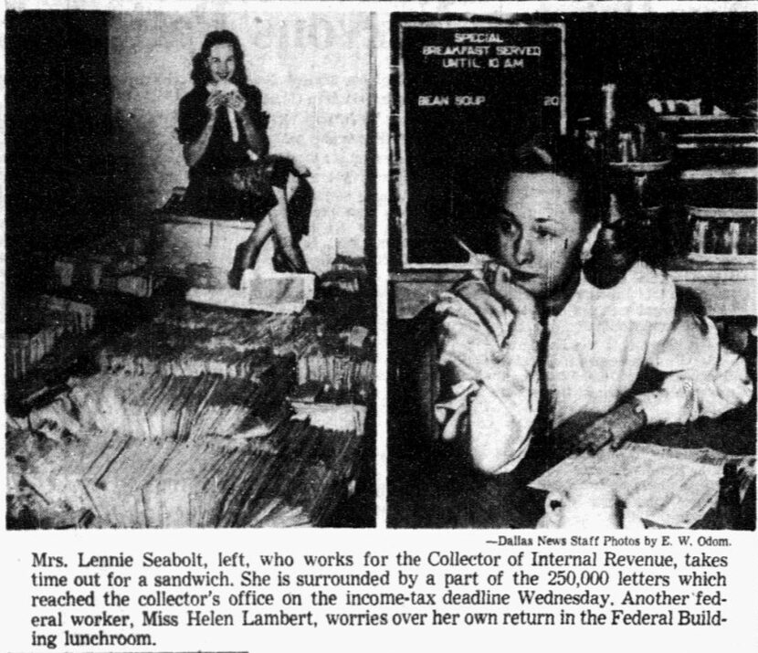 IRS workers surrounded by income tax letters submitted by deadline in 1950.