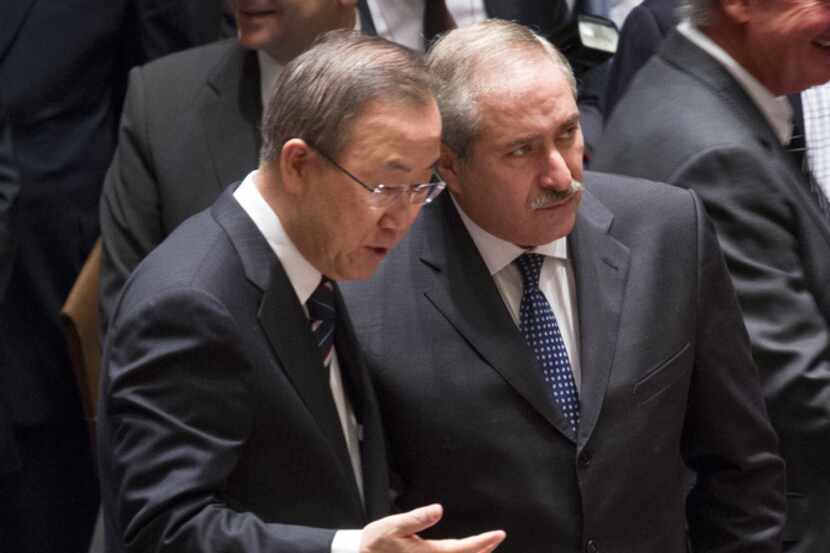 Jordanian Foreign Minister Nasser Judeh (right) confers with U.N. Secretary-General Ban...