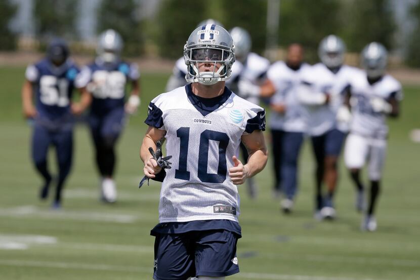 In this Tuesday, June 13, 2017, photo, Dallas Cowboys receiver Ryan Switzer runs across the...