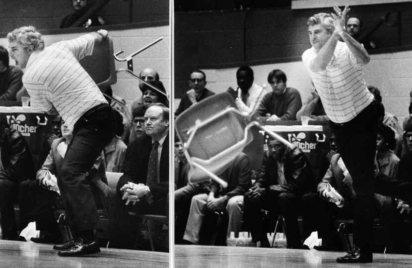 This Feb. 23, 1985, file photo shows Indiana coach Bob Knight winding up and pitching a...