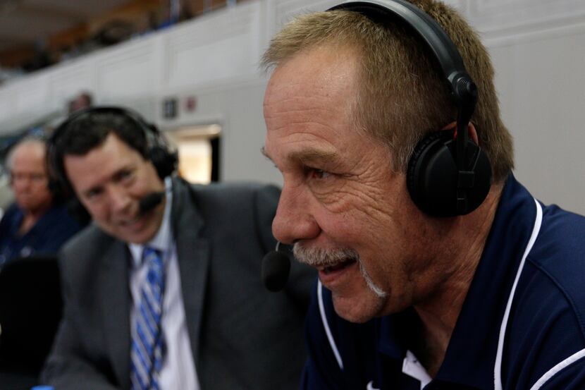 Brad Davis broadcasts before a game between the Dallas Mavericks and the Portland Trail...