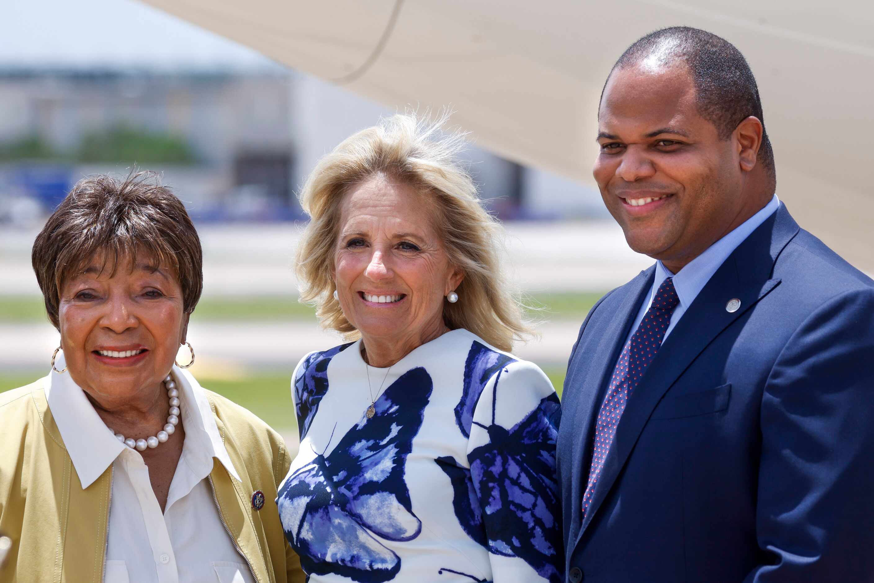 First Lady Dr. Jill Biden, center, poses for a photo with Rep. Eddie Bernice Johnson, left,...