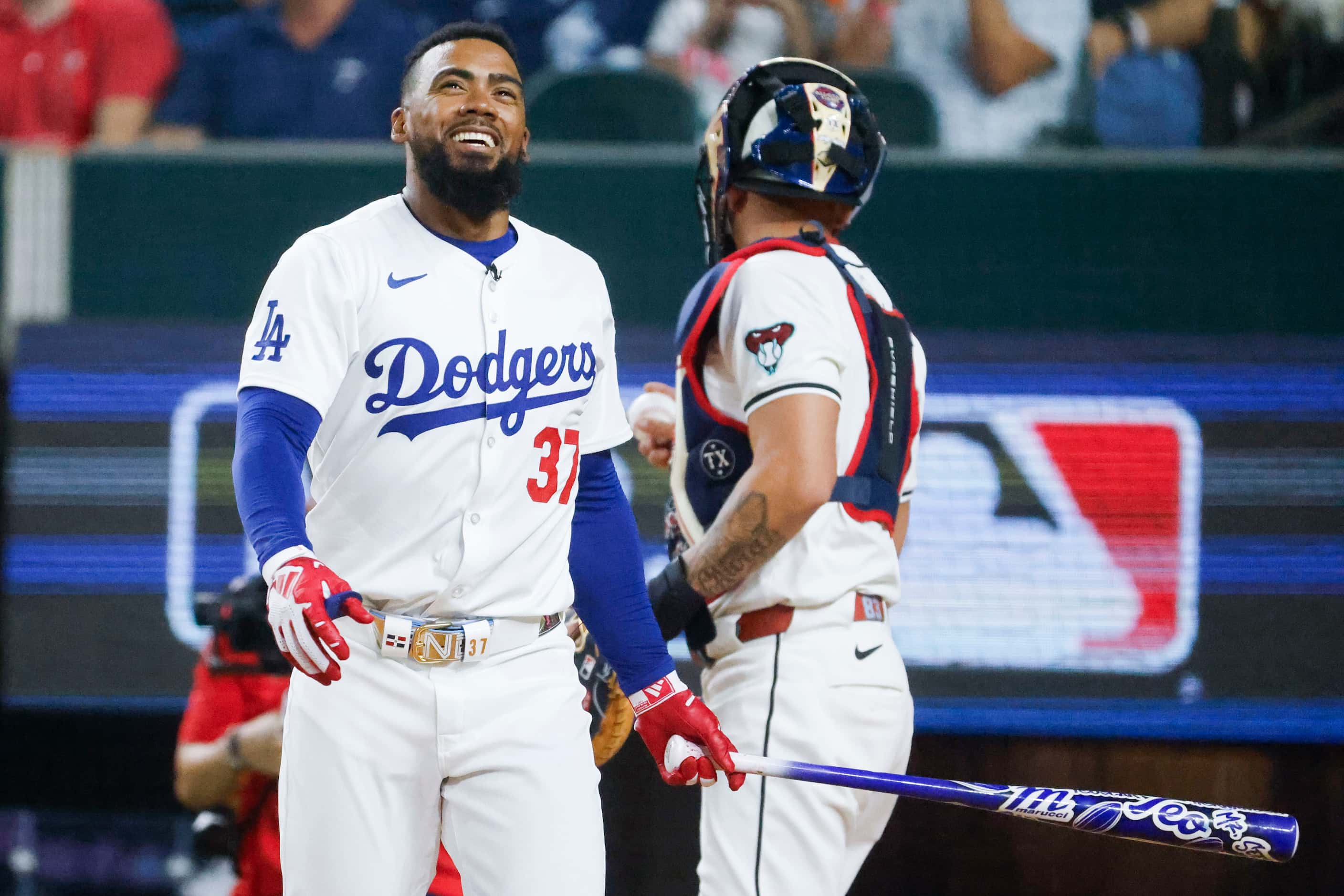 Teoscar Hernandez, of Los Angeles Dodgers reacts after hitting during the final of MLB...
