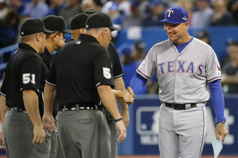 Texas Rangers manager Jeff Banister (28) is pictured during Game 1 of the ALDS between the...