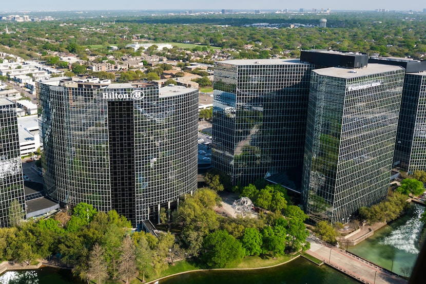 Aerial view of buildings in the Lincoln Centre at I-635 and the Dallas North Tollway.