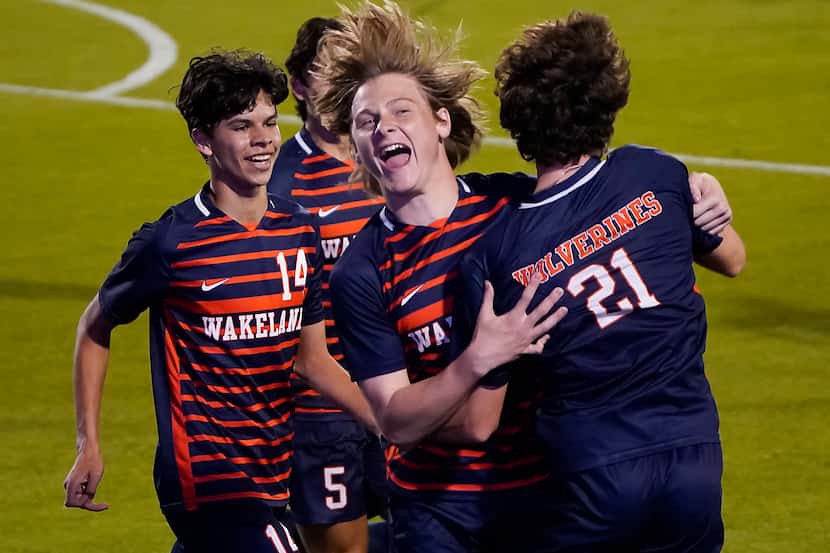 Frisco Wakeland’s Jimmy Suerth (21) celebrates with Peyton Atchley (15) after scoring a goal...