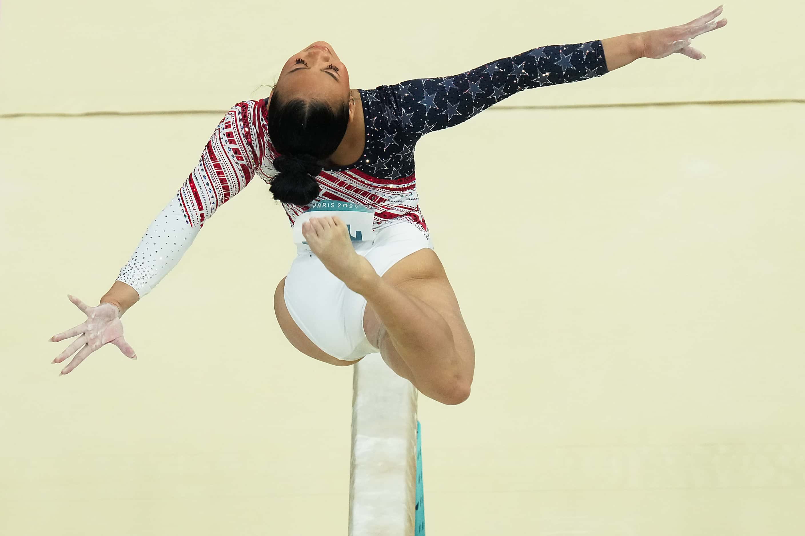 Suni Lee of the United States competes on the balance beam during the women’s gymnastics...