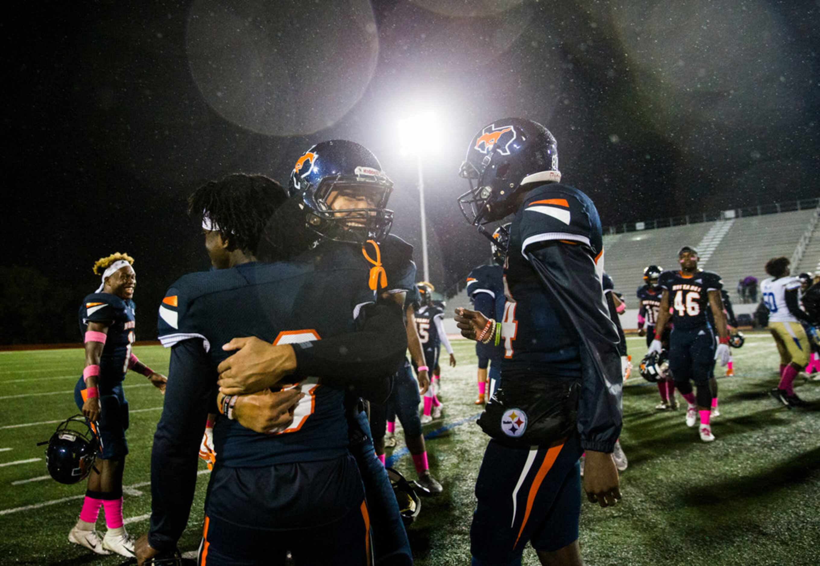 Sachse celebrates a 17-14 win over Garland Lakeview on Thursday, October 24, 2019 at...