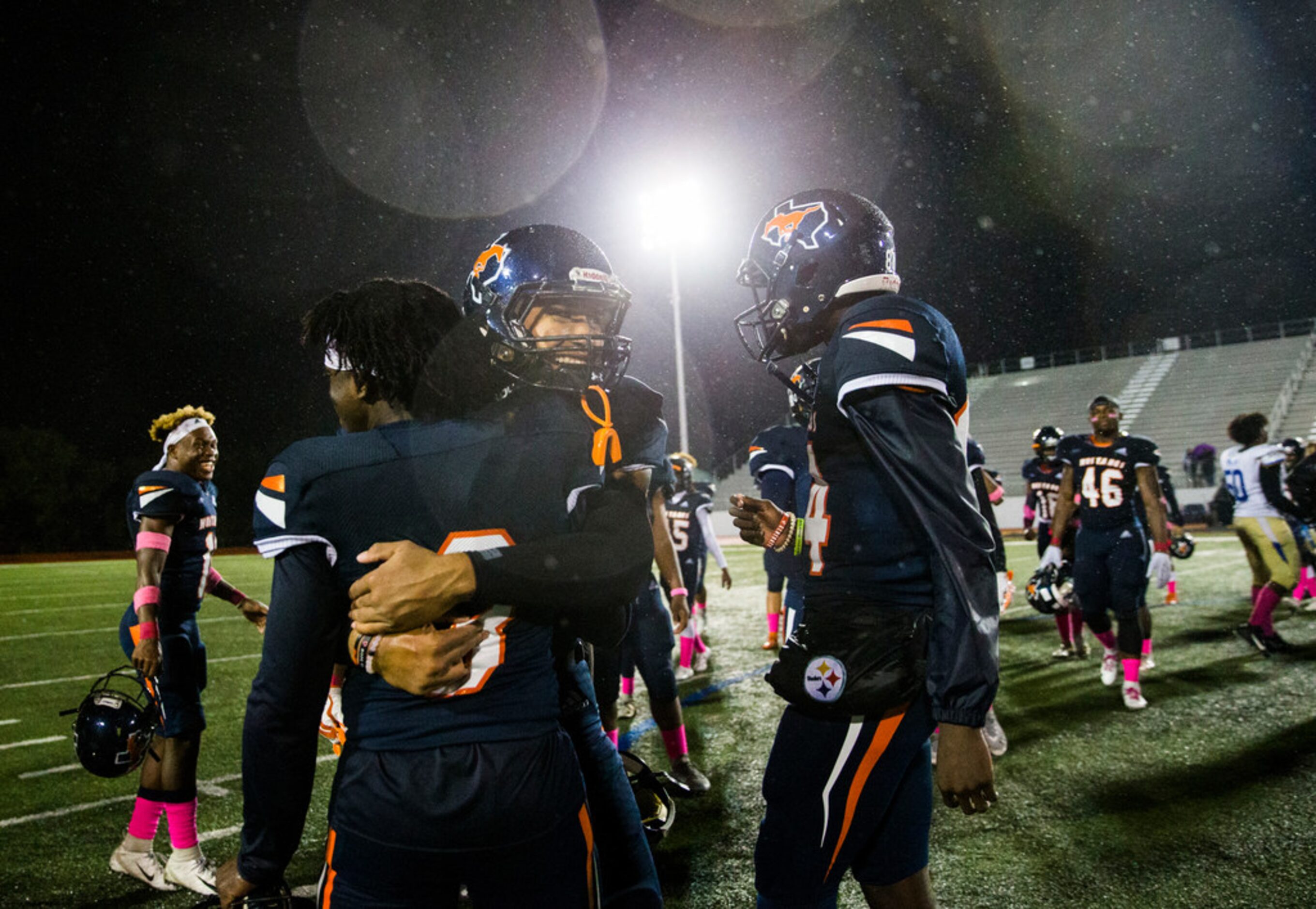 Sachse celebrates a 17-14 win over Garland Lakeview on Thursday, October 24, 2019 at...