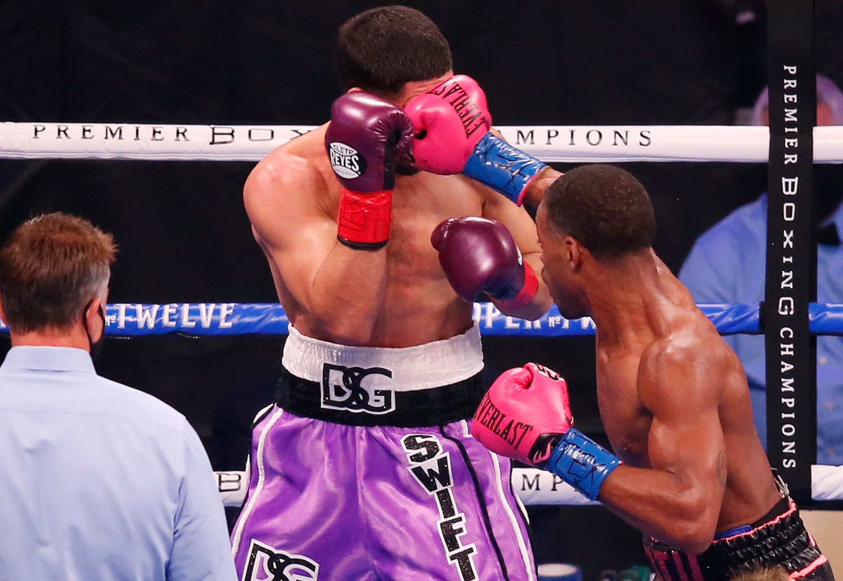 Errol Spence, Jr. punches Danny García during the third round of a WBC & IBF World...