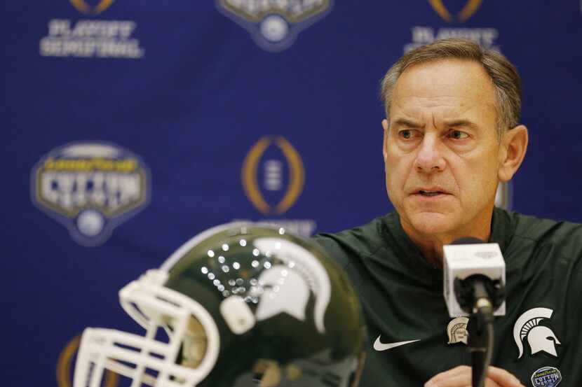 Michigan State head coach Mark Dantonio speaks during a media availability with the Michigan...