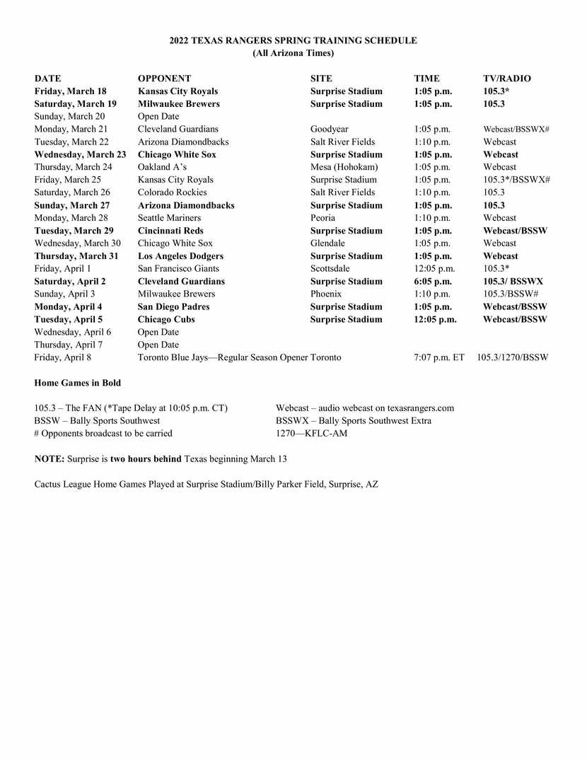 Texas Rangers spring training schedule.