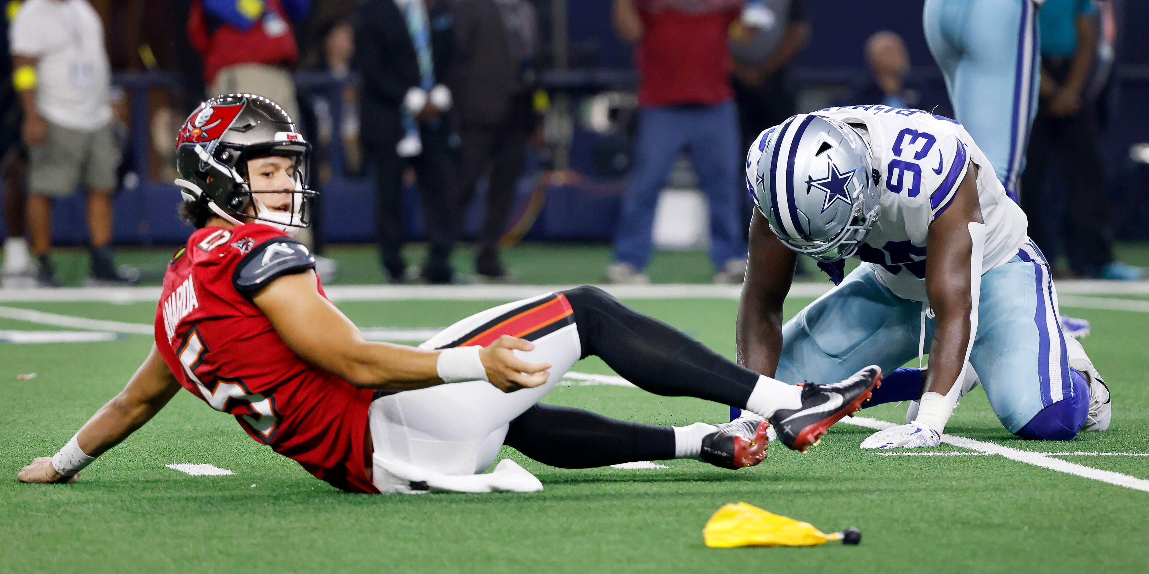 Dallas Cowboys defensive end Tarell Basham (93) reacts after a flag was thrown for roughing...