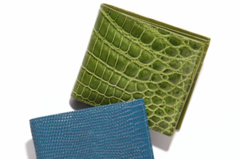 yellow woven wallet, $440, blue lizard wallet, $630, green crocodile wallet, $1,160, all...