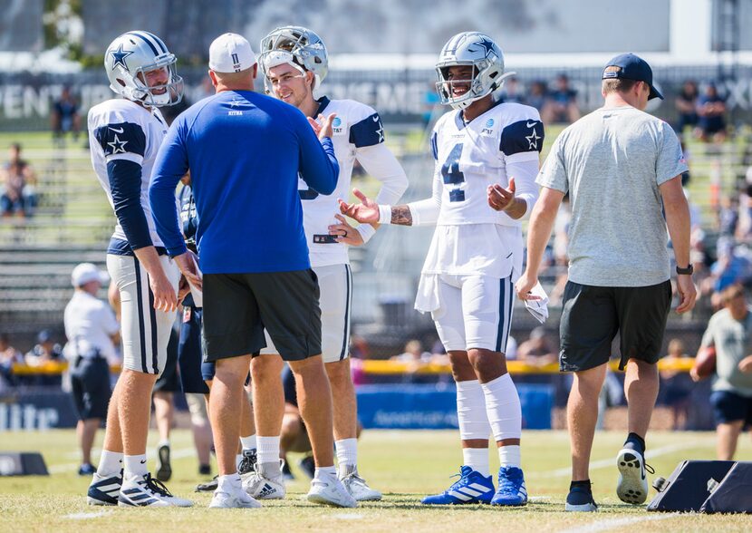 Dallas Cowboys quarterback Cooper Rush (7), quarterback Mike White (3) and quarterback Dak...