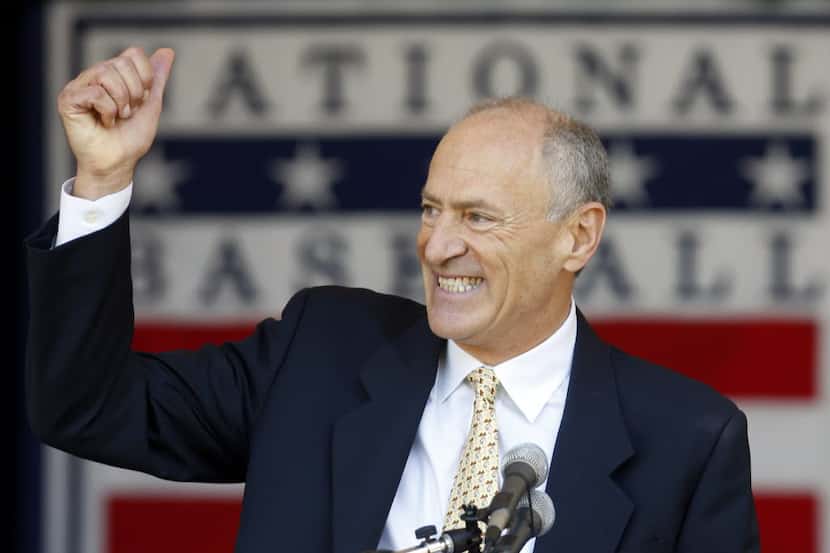 Texas Rangers broadcaster Eric Nadel speaks after receiving the Ford. C. Frick Award during...