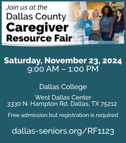 A graphic promoting the Dallas County Caregiver Resource Fair Saturday November 23, 2024...