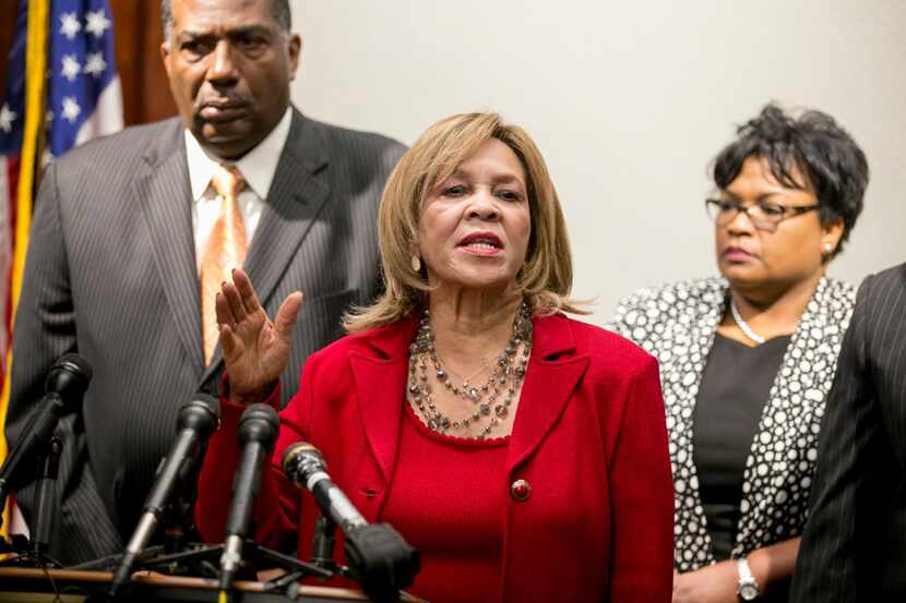 State Rep. Helen Giddings, D-DeSoto, speaks at a news conference at the Supreme Court...