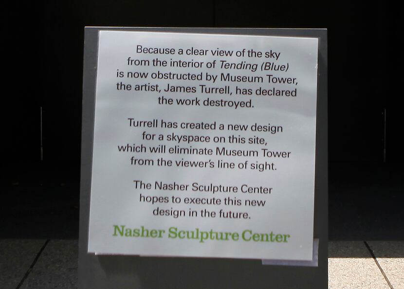 A newly replaced sign tells patrons that the "Tending (Blue)" exhibit at the Nasher...
