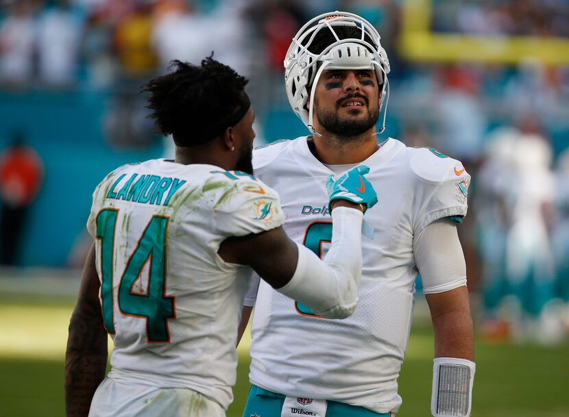 Miami Dolphins wide receiver Jarvis Landry (14) talks to Miami Dolphins quarterback Matt...