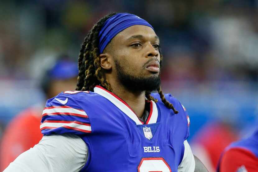 FILE - Buffalo Bills safety Damar Hamlin looks on during the second half of an NFL football...