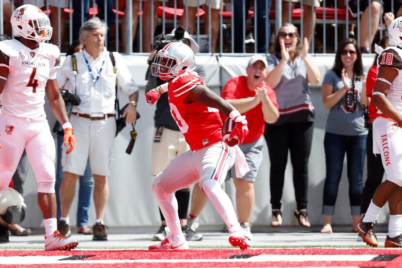 COLUMBUS, OH - SEPTEMBER 3:  Noah Brown #80 of the Ohio State Buckeyes celebrates after...