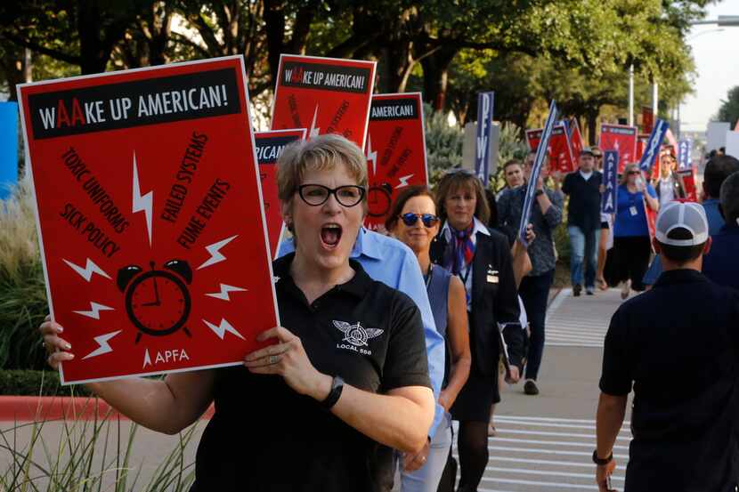 Flight attendants picket outside American Airlines headquarters in Fort Worth. 