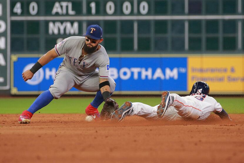 Houston Astros' Myles Straw steals second base ahead of the throw to Texas Rangers Rougned...