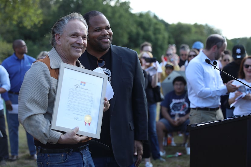 In the opening remarks of the art dedication at Kiest Park, Dallas Mayor Eric Johnson...