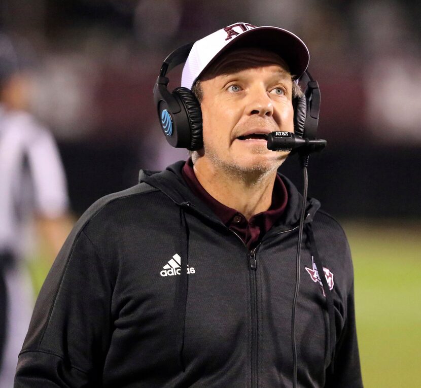 FILE - In this Oct. 27, 2018, file photo, Texas A&M head coach Jimbo Fisher watches a replay...