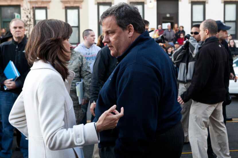 Hoboken Mayor Dawn Zimmer chatted with New Jersey Gov. Chris Christie before a joint news...