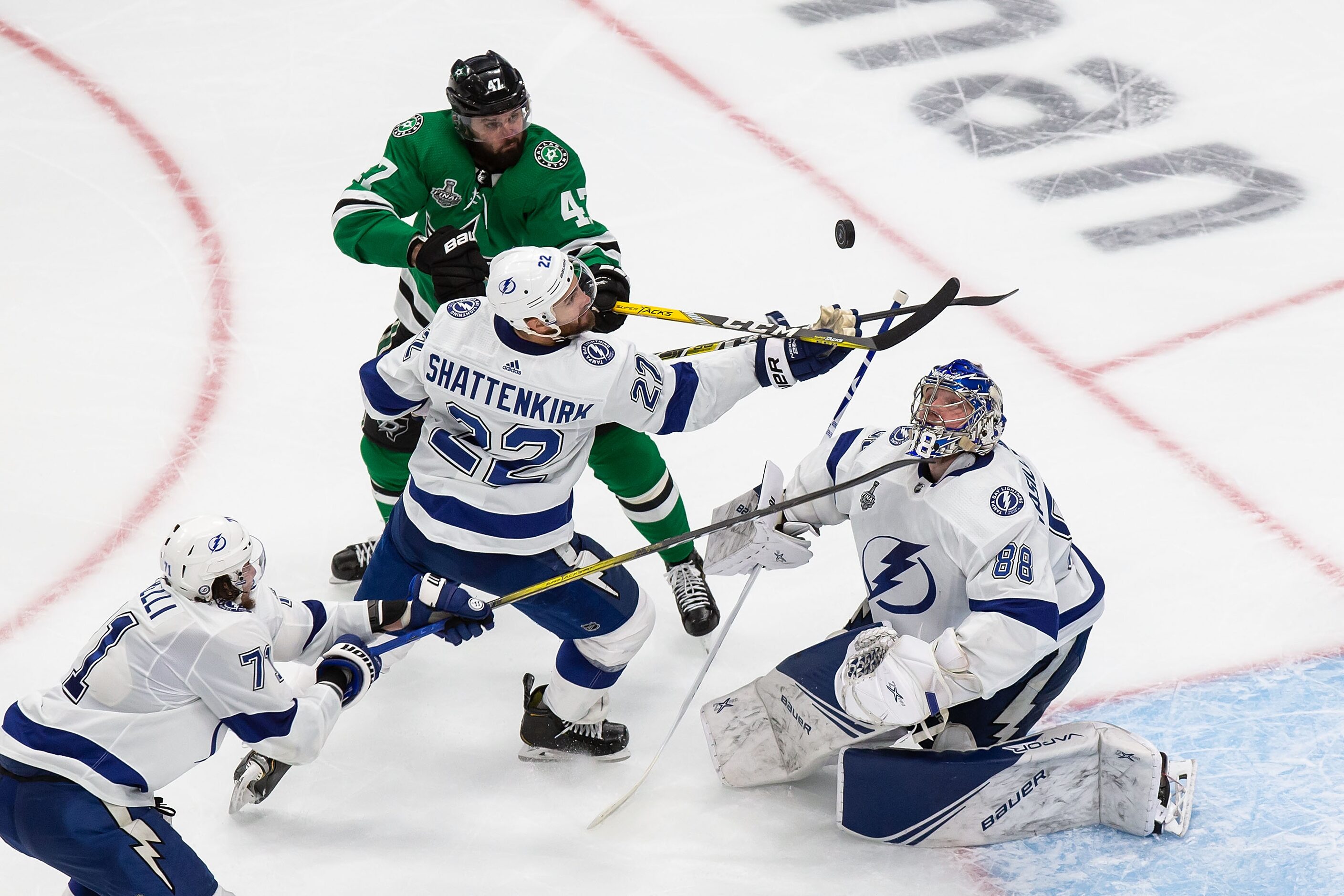 Alexander Radulov (47) of the Dallas Stars battles against Kevin Shattenkirk (22) and...