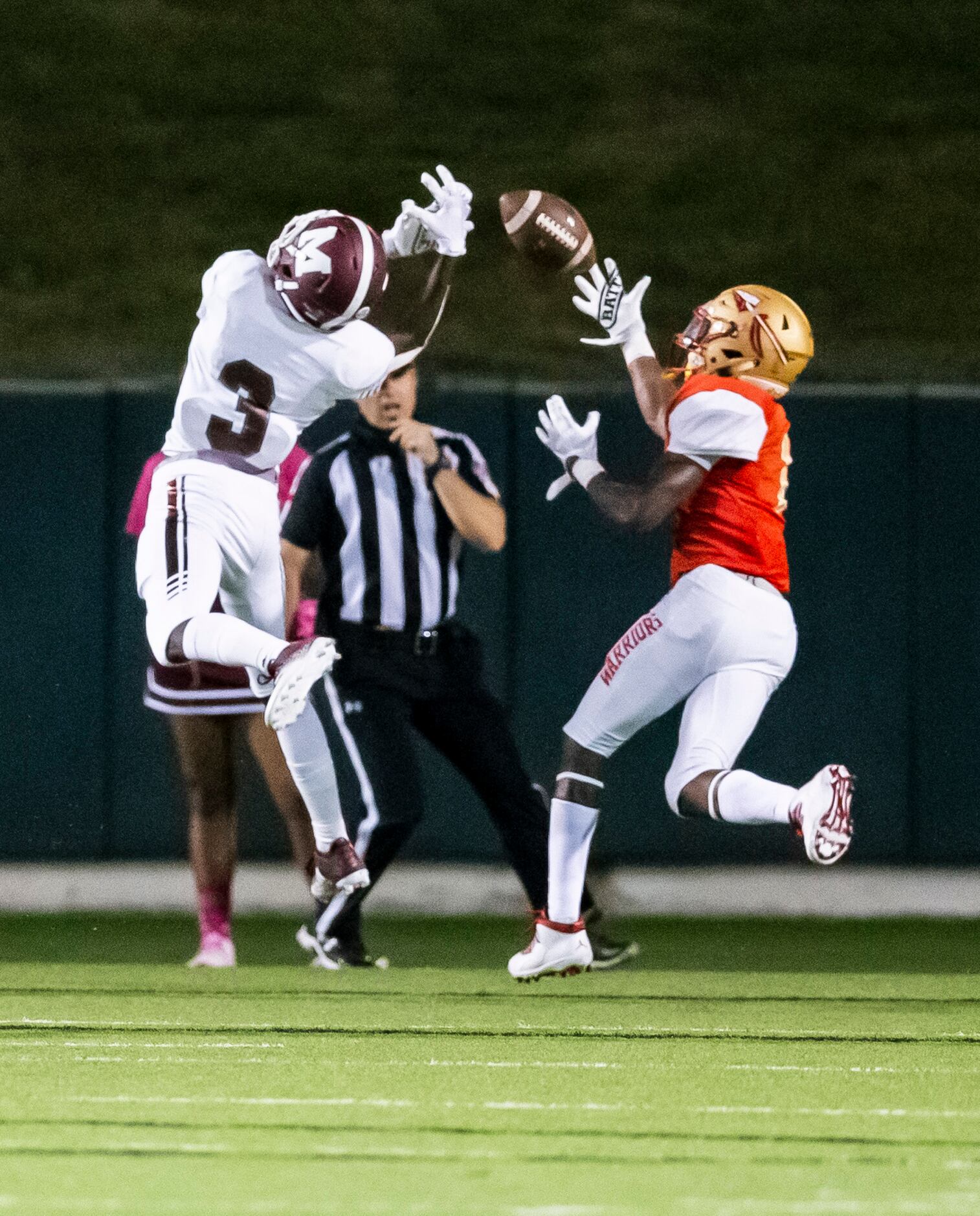 South Grand Prairie senior defensive back Kent Robinson (1) catches a pass, out-of-bounds,...