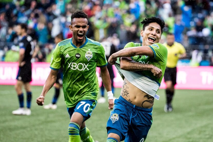 Seattle  Sounders forwards Handwalla Bwana, left, and Raul Ruidiaz celebrate Ruidiaz' second...