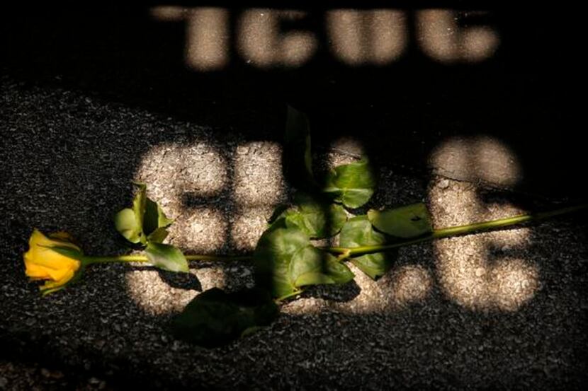 
A yellow rose lay on a fallen officer’s sun-reflected badge number.
