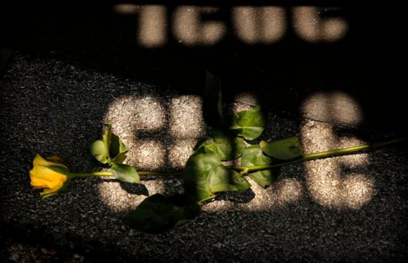 
A yellow rose lay on a fallen officer’s sun-reflected badge number.
