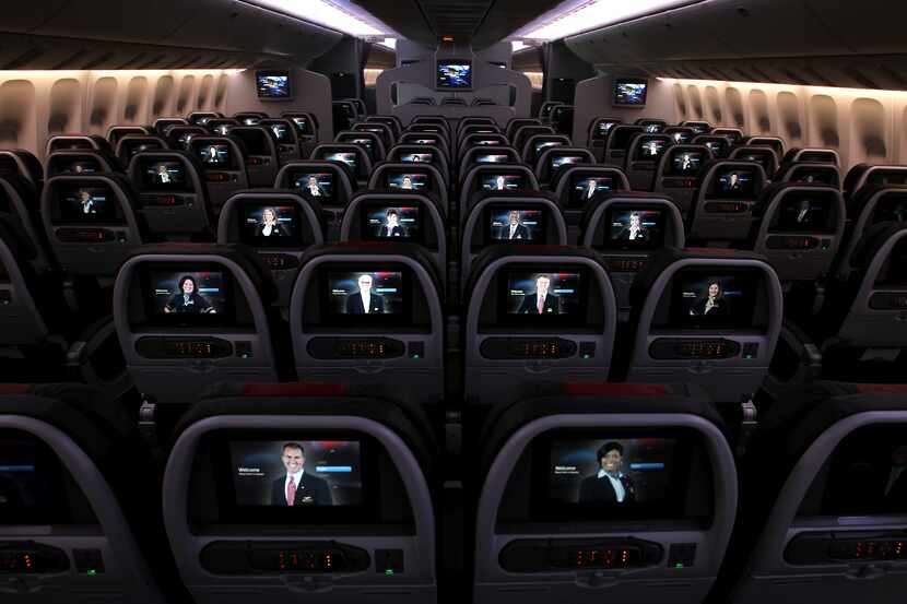 The monitors in coach on an American Airlines Boeing 777-300ER at Terminal D at DFW Airport.