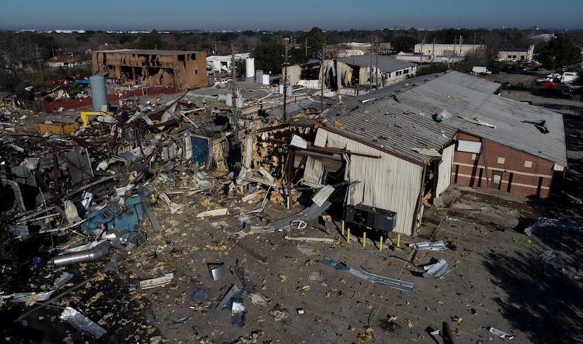 This aerial photo shows the scene of an explosion that rocked northwest Houston early...