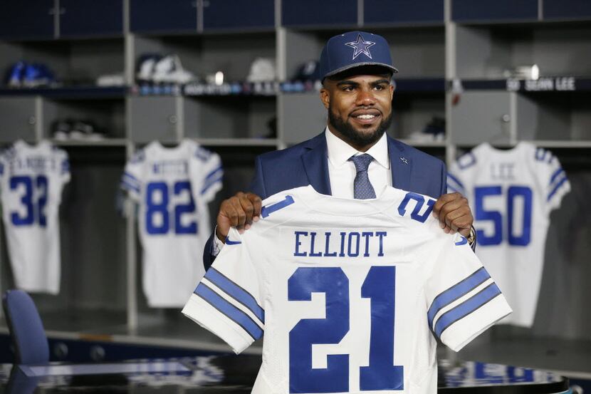 Running back Ezekiel Elliott, who played for Ohio State, stands for a photograph after...