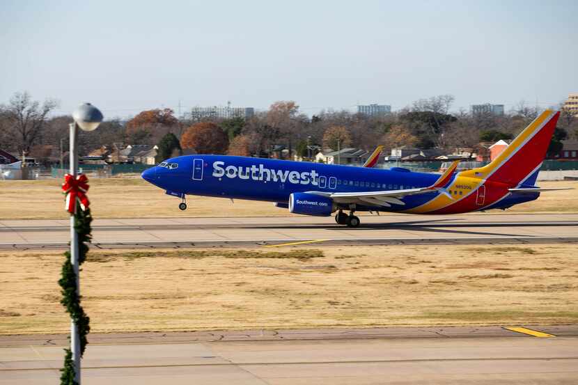 A Southwest Airlines flight takes off from Dallas Love Field toward Austin in 2020.