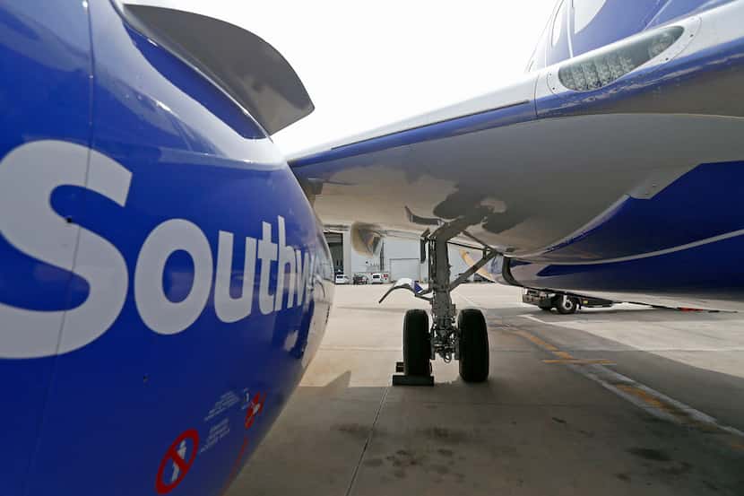 A landing gear of a Southwest Airlines' new plane, the 737 Max, at headquarters in Dallas,...